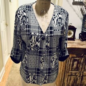 Block/Wht Jacquard Knit Floral Patch Plaid Jkt | V-Nk |Side Pkts |3/4 Slv | Sz:L